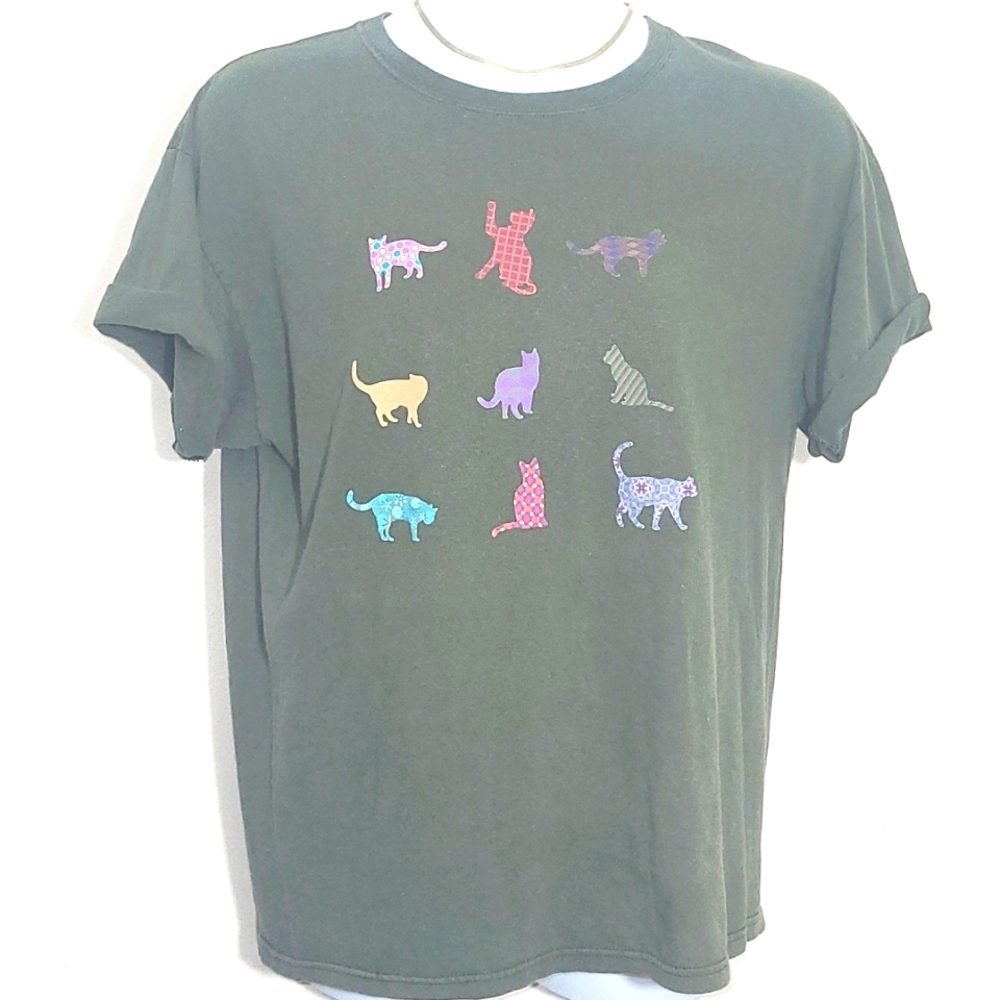 Kitty Cat Tshirt 100% Cotton Army Green Xl Distre… - image 2
